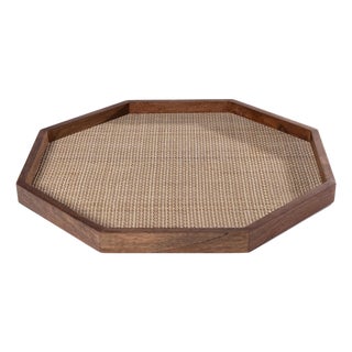Banyan Mango Wood with Rattan Inlay Octagonal Tray, Large For Sale