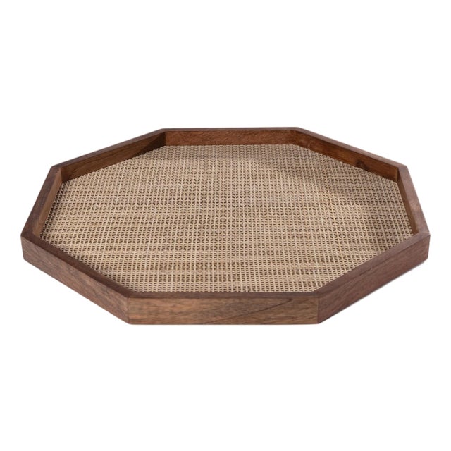 Banyan Mango Wood with Rattan Inlay Octagonal Tray, Large For Sale