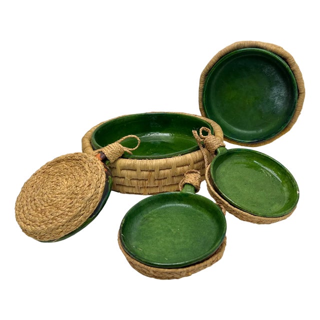 Vintage French Green Ceramic Glazed Bowls with Straw Base, 1970s, Set of 5 For Sale