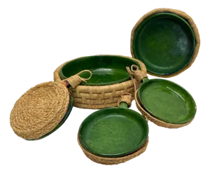 Vintage French Green Ceramic Glazed Bowls with Straw Base, 1970s, Set of 5