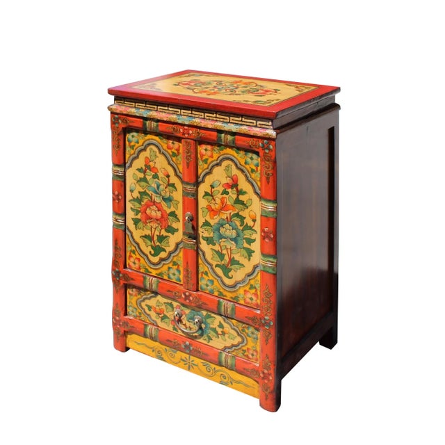 Tribal Orange Yellow Tibetan Floral End Table Nightstand Cabinet For Sale - Image 3 of 8