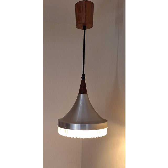Vintage German Ceiling Lamp with Aluminum Housing, Patterned Glass Shade on Teak Mounting from Sölken, 1970s For Sale - Image 9 of 9
