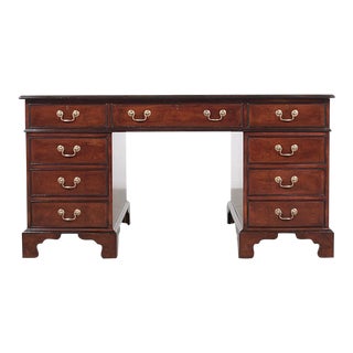 1950s George III Vintage Mahogany Partner Desk With Embossed Leather Top For Sale