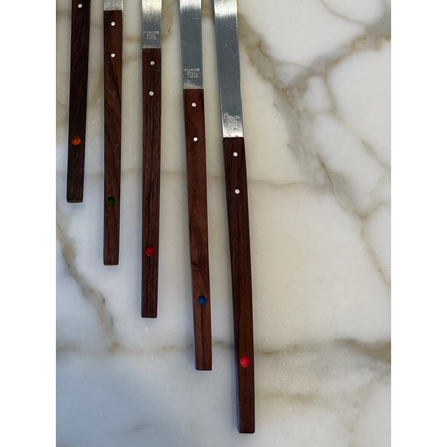 Brown MidCentury Japan Set of 8 Walnut and Stainless Fondue Forks in Original Box For Sale - Image 8 of 10