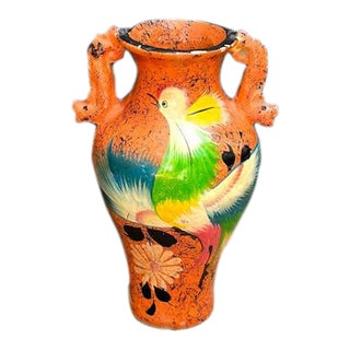 Hand-Painted Mexican Vase - 1960s-70s Orange Painted Plaster Bird Vase For Sale