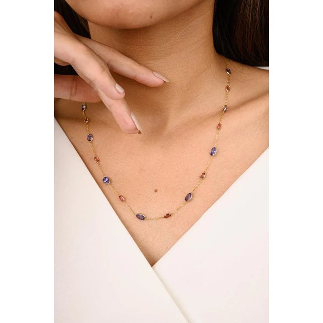 Unique Tanzanite and Tourmaline Station Necklace Crafted in 18k Yellow Gold For Sale - Image 4 of 13