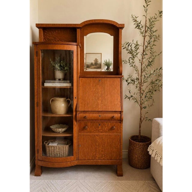 Antique Art Deco secretary desk with curved glass display cabinet, arched mirror, drop-front writing desk and beautiful...