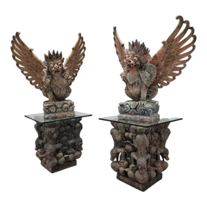 Antique Carved Polychromed Balinese Garuda Statues on Glass Top Side-Table/Pedestals