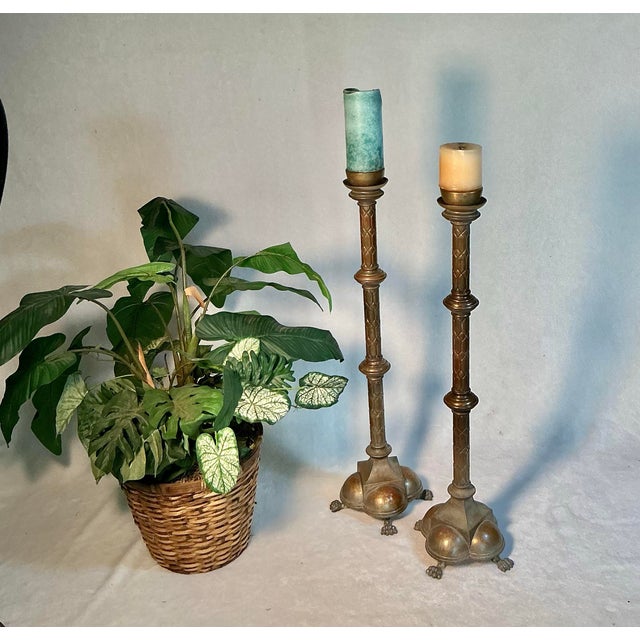 Pair Antique Decorated 29" Tall Solid Brass Floor Candle Stands Candlesticks Candle Holders, Circa 18th-19th Century For Sale - Image 10 of 12