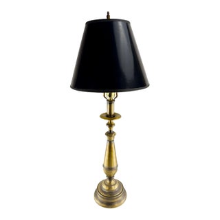 Vintage Hollywood Regency Antique Brass Candlestick Table Lamp With Black Shade For Sale