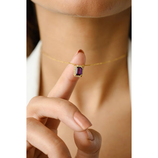 This is part of Chairish’s Fine Jewelry assortment. Amethyst Halo Diamond Everyday Pendant Necklace in 14K Gold studded...
