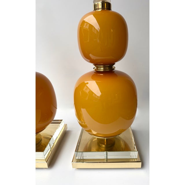 Contemporary Pair of Brass and Orange Murano Glass Bulbs Lamps, Italy For Sale - Image 12 of 13