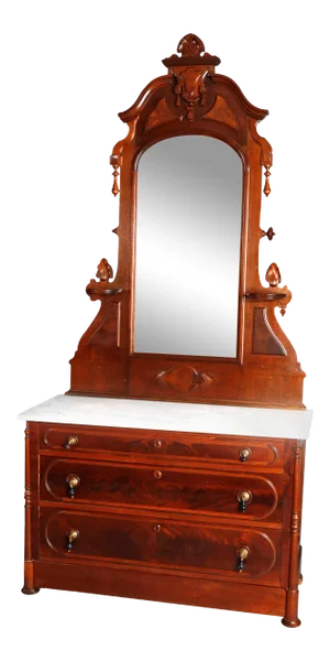 Victorian Renaissance Revival Burl & Walnut Marble Top Dresser
