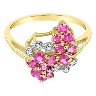Diamond Ruby Cluster Cocktail Ring 14k Yellow Gold, Size 9 For Sale