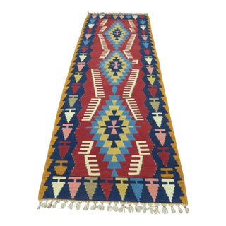 1970s Tribal Blue Ikat Kilim Runner Rug For Sale