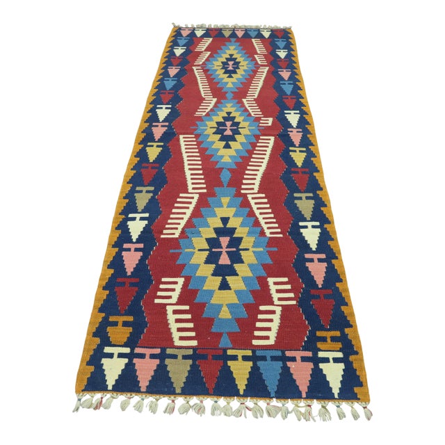 1970s Tribal Blue Ikat Kilim Runner Rug For Sale
