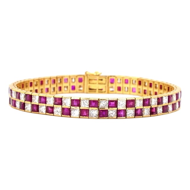 7.1 Carat Princess Cut Diamond Ruby Gold Bracelet For Sale