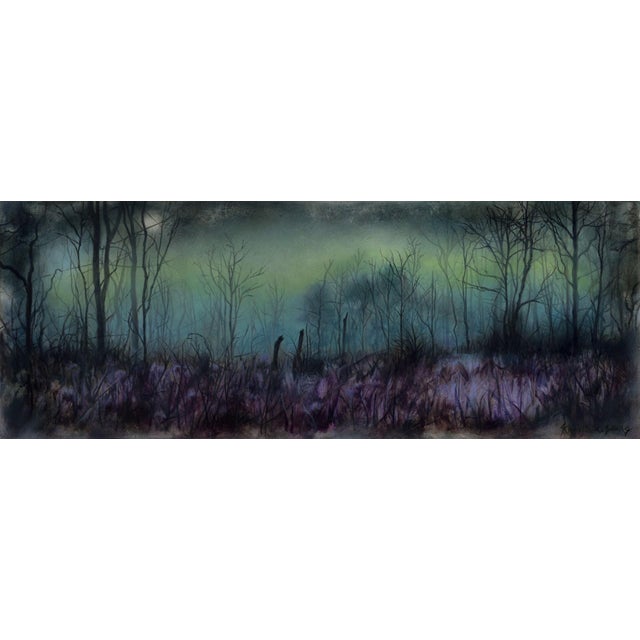 Aurora by Kierstin Young | Oil on masonite panel Nighttime landscape with trees and mist. For Sale