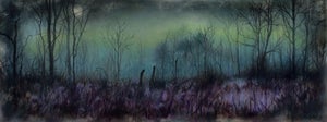 Aurora by Kierstin Young | Oil on masonite panel Nighttime landscape with trees and mist.