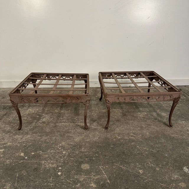 Brown Mid 20th Century Woodard Outdoor Iron Lounge Chairs With Cast Metal Ottomans, Attributed, 4 Pieces For Sale - Image 8 of 9