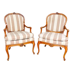 French Louis XV Style Striped Fauteuils Chairs - a Pair