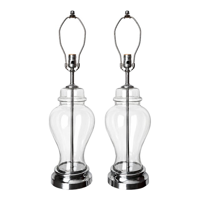 Late 20th Century Clear Glass Baluster Table Lamps With Chrome-Tone Bases - Pair For Sale