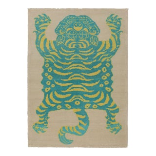 Rug & Kilim’s Tiger Skin Rug in Beige With Blue and Yellow Pictorial For Sale