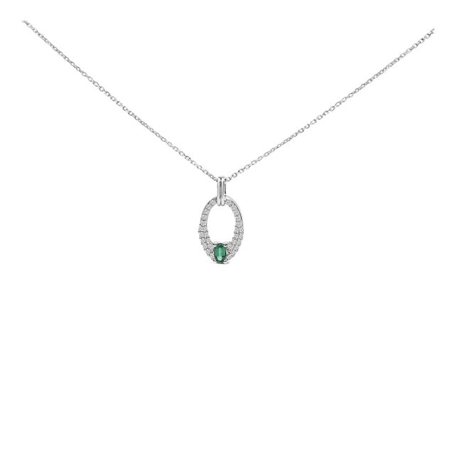 .925 Sterling Silver Created Green Emerald and White Sapphire Oval Shaped Pendant Necklace - 18" Inches For Sale