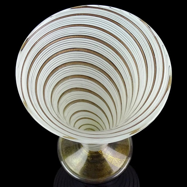 Murano Vintage Murano Large White Copper Aventurine Ribbons Italian Art Glass Footed Flower Vase For Sale - Image 4 of 9