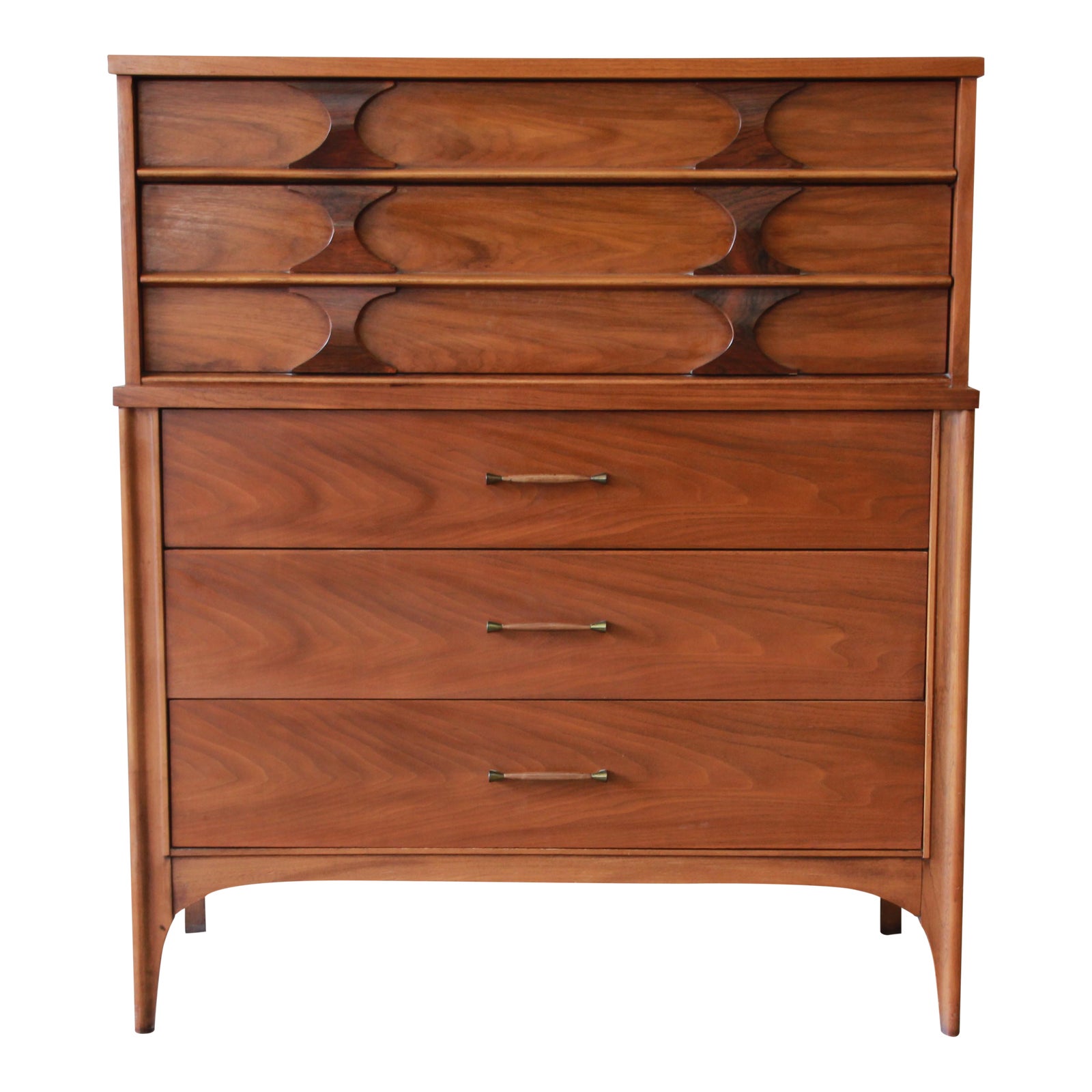 Kent Coffey Perspecta MidCentury Modern Sculpted Walnut and Rosewood Highboy Dresser Chairish