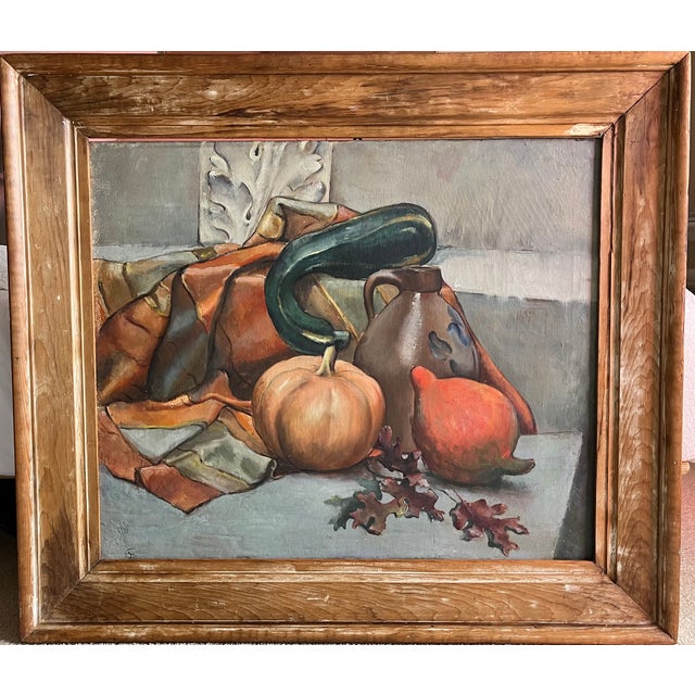 This wonderful original oil on canvas still life features gourds, draped fabric and an acanthus architectural element....