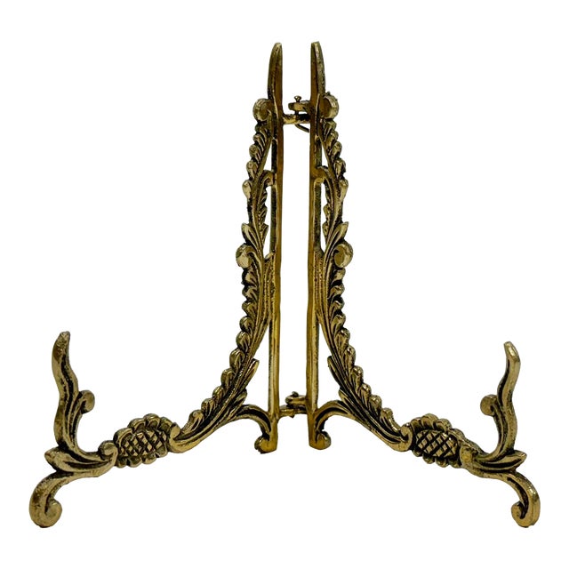 Vintage Brass Scrolled Floral Motif Collapsible Table Easel For Sale