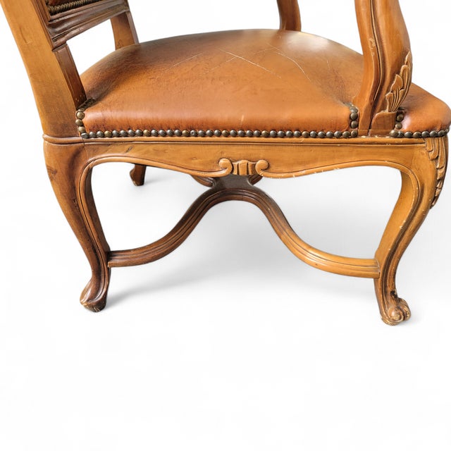 French Louis XV Style Carved Walnut and Patinated Leather Armchair, 1920s For Sale - Image 9 of 18