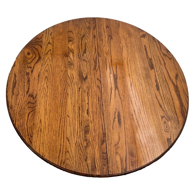 1980s Round Expansion Dining Room Kitchen Table Solid Cathedral Oak Carved Claw Feet For Sale - Image 9 of 15