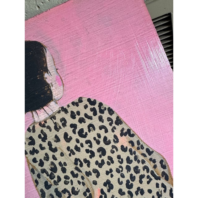 1970s Original Contemporary Folk Art Painting of Girl in Leopard Print Dress on Pink Background For Sale In Miami - Image 6 of 9