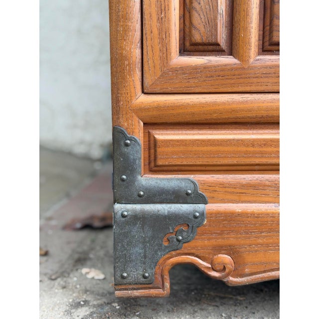 Vintage Chinese Elm Elmwood Wedding Cabinet Armoire Prosperity Cabinet Chinoiserie Wardrobe With Interior Hanging Rail For Sale In Los Angeles - Image 6 of 12