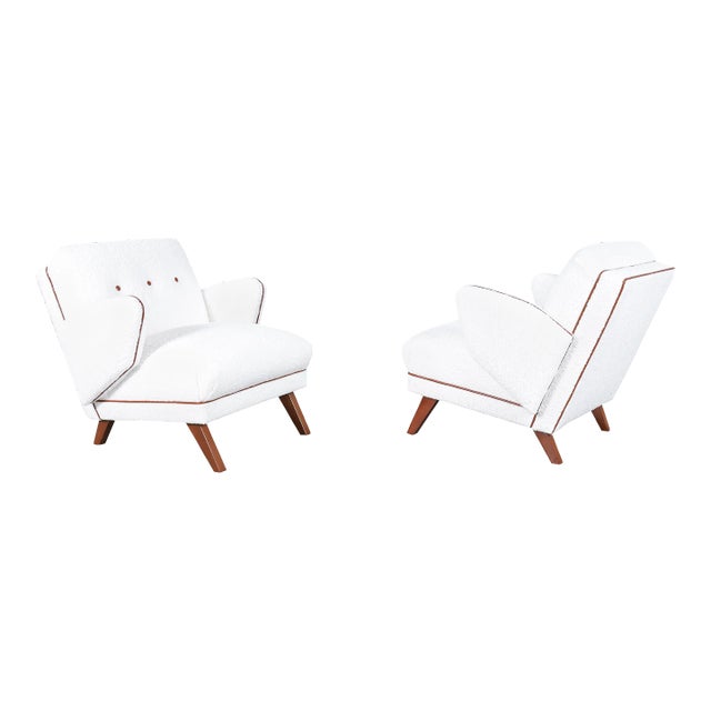 1950s Mid-Century Modern Lounge Chairs in Boucle & Leather For Sale