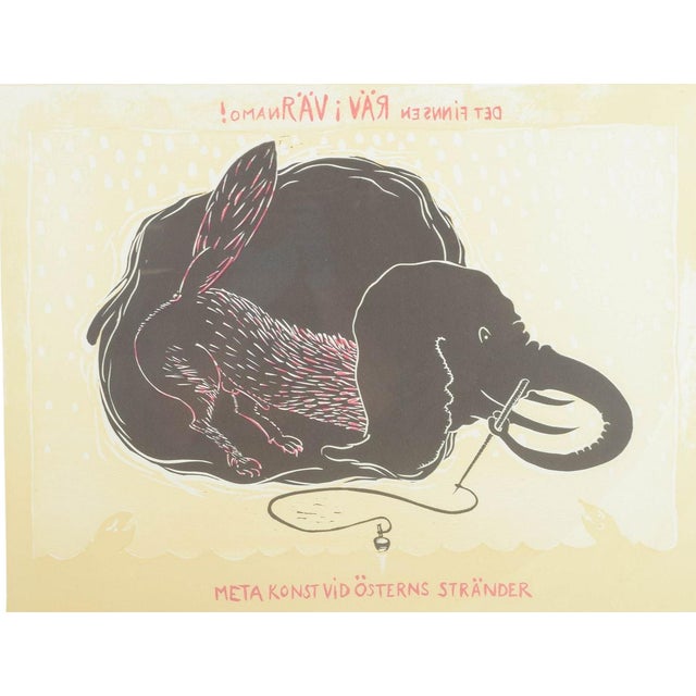 Erik Dietman, Humorous Scene with Fox and Elephant, 1980s, Lithograph on Paper For Sale