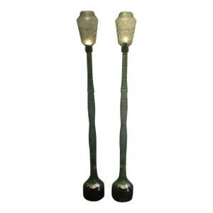 Mid-Century Chianti Tall Green Glass Bottles as Candle Holders - a Pair