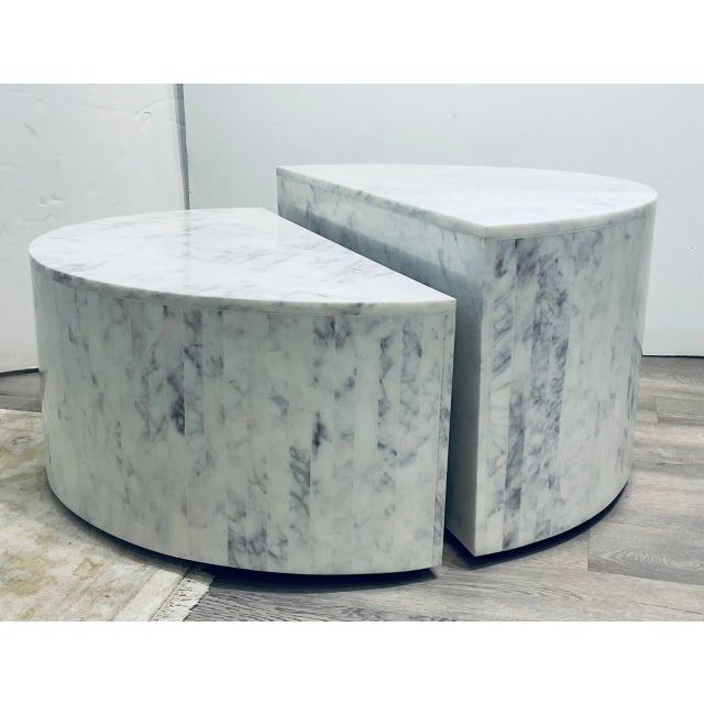 Stylish Contemporary White and Gray Two Piece Cocktail Table, showroom floor sample Short 14” Tall 17”