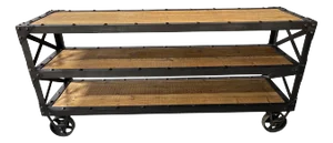 Industrial Three Shelf Metal and Wood Console on Casters, 21st Century