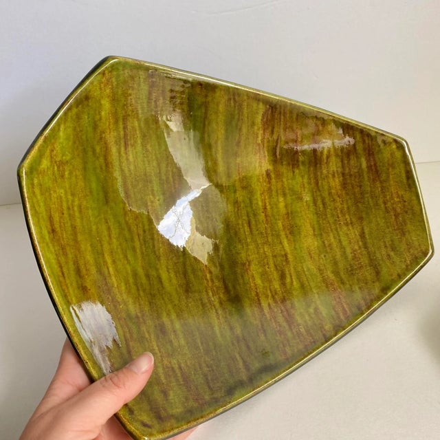 Mid Century 1960s Centerpiece Bowl and Candle Holders Avocado Glaze Ceramic Set of 3 For Sale - Image 4 of 10