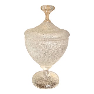 1985 Vintage Frosted Glass Footed Glass Jar With Gilt Finial For Sale