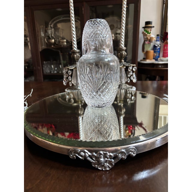 Metal Beautiful Vintage 14” Mirror Glass Plateau Stand Tray With Floral SilverPlate Border For Sale - Image 7 of 10