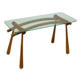 Austrian Mid-Century Beechwood Side Table with Cord and Glass Top by Max Kment For Sale