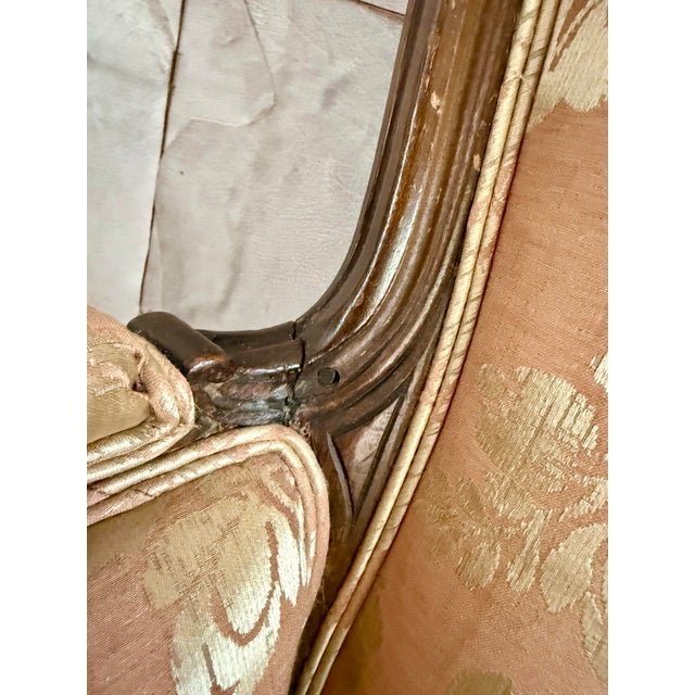 Antique Louis XV Style Bergère With a Carved Wood Frame, Upholstered Back, Outscrolled Arms & Cabriole Legs For Sale - Image 9 of 12
