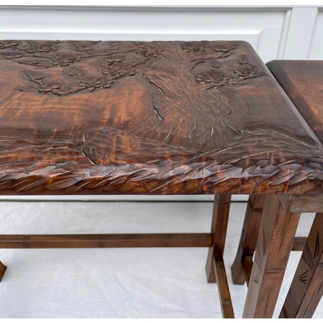 Wood Vintage Hand-Carved Wood Cherry Blossom Asian Nesting Tables For Sale - Image 7 of 12