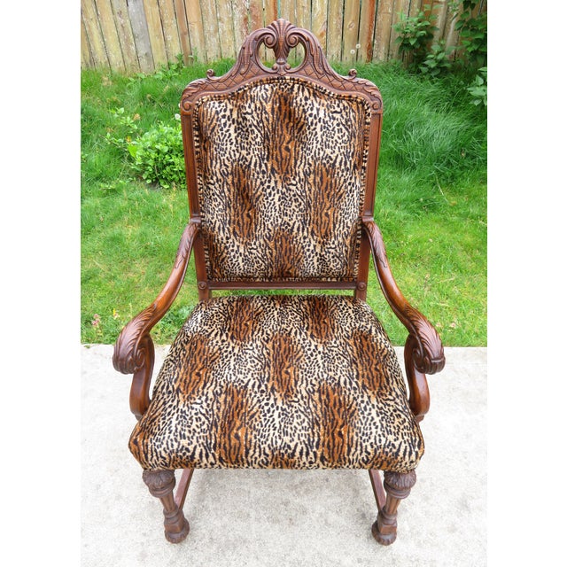 Circa 1930's carved wood Spanish Revival throne style armchair, with jungle cat velvet like upholstery. Amazing interior...