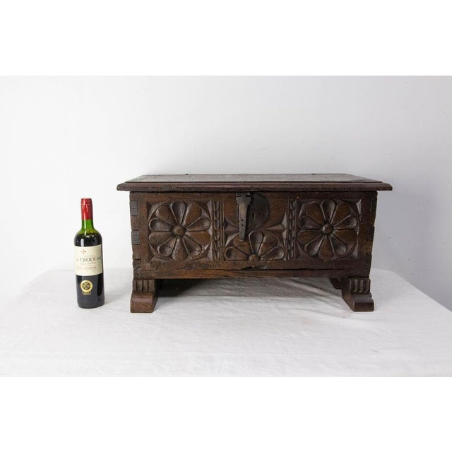 1900 - 1909 Antique French Rustic Chest in Carved Oak and Wrought Iron, 1900 For Sale - Image 5 of 11