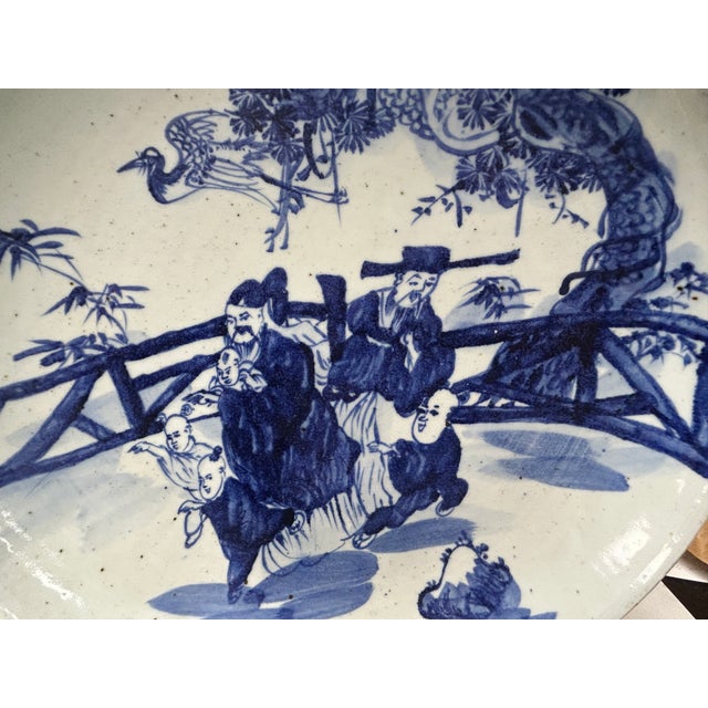 Ceramic Vintage Large Blue White Scholars Students Graphic Porcelain Plate Display Art For Sale - Image 7 of 14